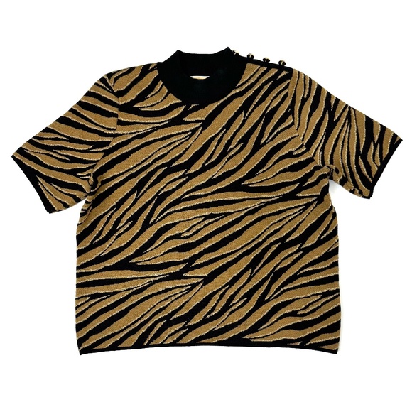 Michael Kors Women's Short Sleeve Sweater - Animal Print with Metallic Detail - Picture 1 of 12